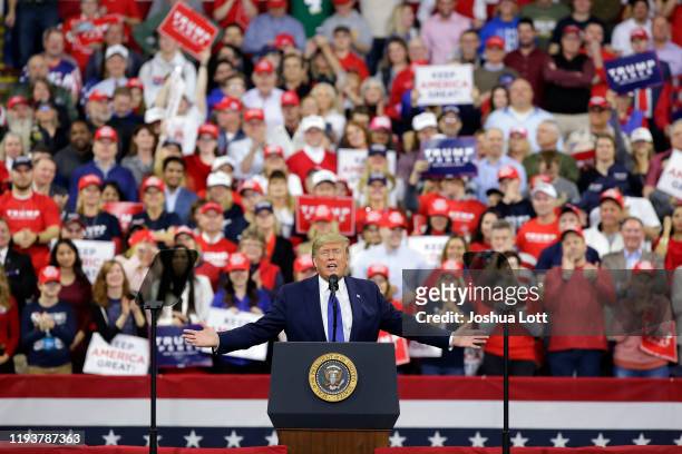 President Donald Trump speaks during a rally on January 14, 2020 at UWMilwaukee Panther Arena in Milwaukee, Wisconsin. Trump, who is the third...