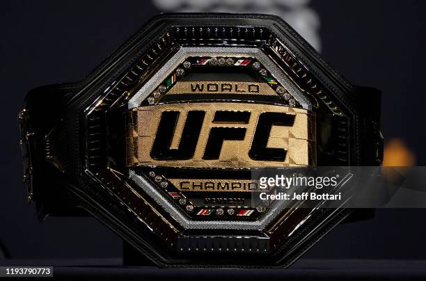 General view of a UFC championship belt prior to the UFC 247 press conference at T-Mobile Arena on December 13, 2019 in Las Vegas, Nevada.