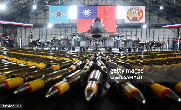 Made F-16V fighter jet with its armaments is on display during an exercise at a military base in Chiayi, southern Taiwan on January 15, 2020.