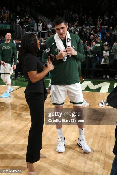 Ersan Ilyasova of the Milwaukee Bucks talks with the media after the game against the New York Knicks on January 14, 2020 at the Fiserv Forum Center...