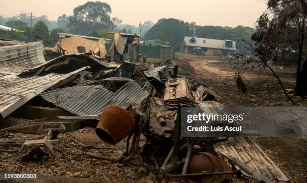 Burnt property is seen in Mallacoota on January 15 Australia. The Princes Highway between Mallacoota and Orbost remains closed to public due to the...