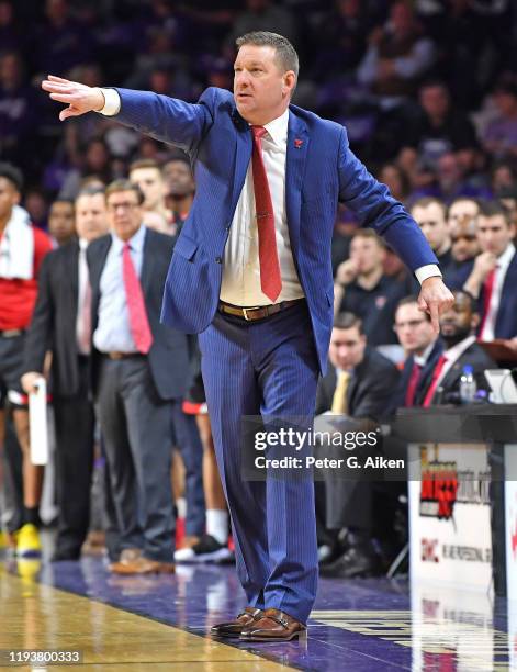 Head coach Chris Beard of the Texas Tech Red Raiders call instructions against the Kansas State Wildcats during the first half on January 14, 2020 at...