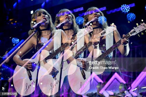 Image was created using multiple exposure in camera) Taylor Swift performs onstage during iHeartRadio's Z100 Jingle Ball 2019 Presented By Capital...