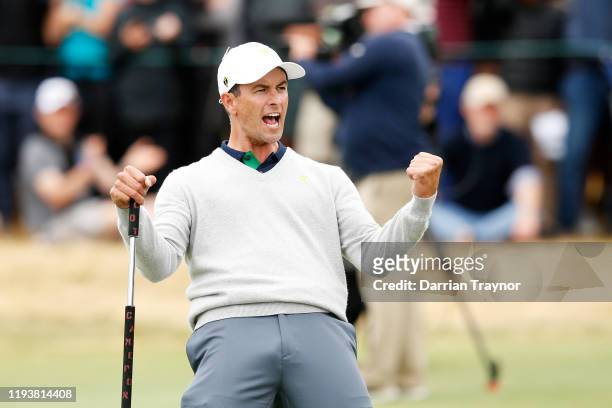 Adam Scott of Australia and the International team reacts on the 17th green during Saturday four-ball matches on day three of the 2019 Presidents Cup...
