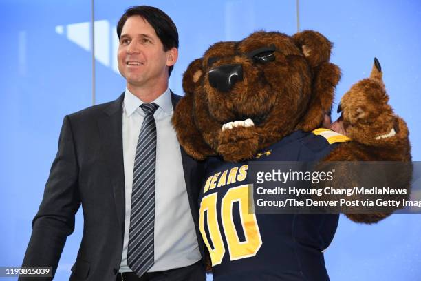 The University of Northern Colorado's mascot Klawz welcomes new head coach of the football team Ed McCaffrey at University of Northern Colorado...