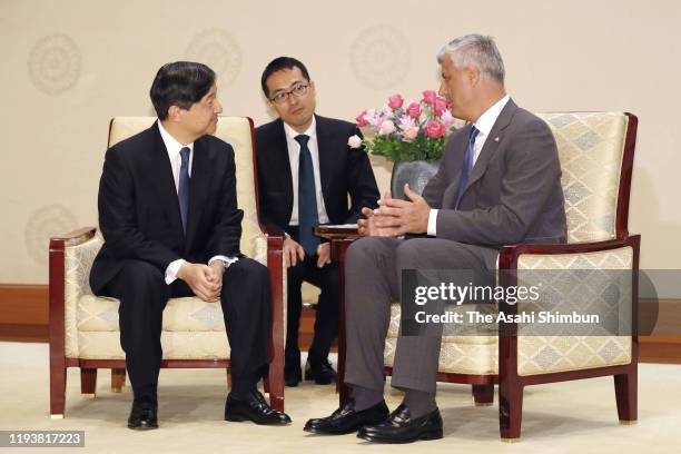 Kosovo President Hashim Thaci and Emperor Naruhito talk during their meeting at the Imperial Palace on September 13, 2019 in Tokyo, Japan.