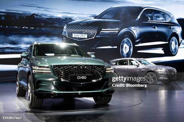 Hyundai Motor Co. Genesis GV80 sport utility vehicles stand on display during a launch event in Goyang, South Korea, on Wednesday, Jan. 15, 2020....