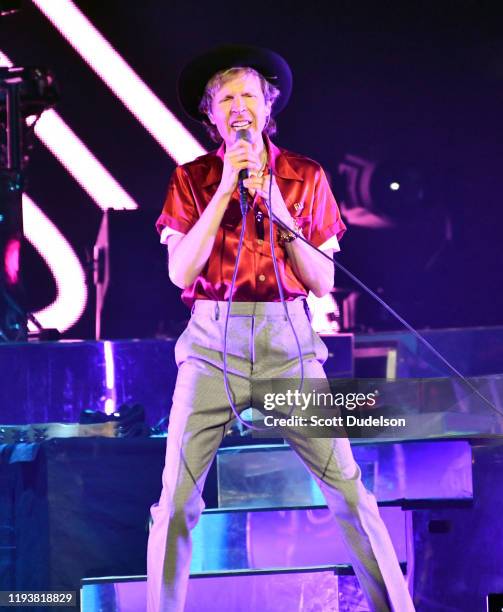 Singer Beck performs onstage during the KROQ Absolut Almost Acoustic Christmas 2019 at Honda Center on December 07, 2019 in Anaheim, California.