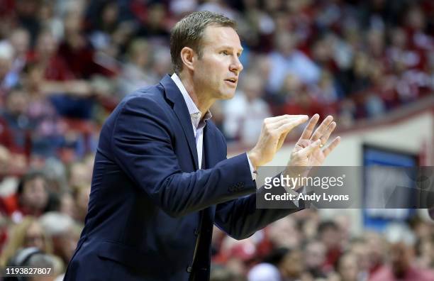 Fred Hoiberg the head coach of the Nebraska Cornhuskers gives instructions to his team against the Indiana Hoosiers at Assembly Hall on December 13,...
