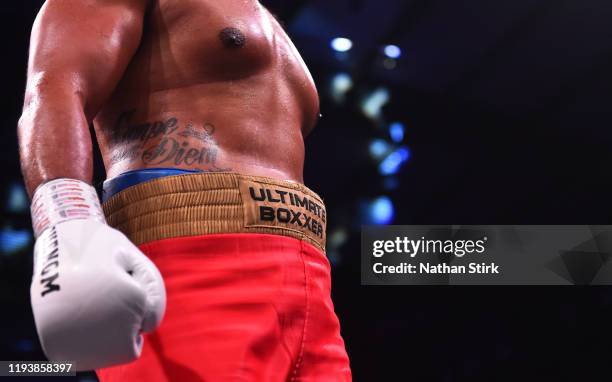 Close up detail of Nick Webbs Ultiamte Boxer shorts during the Ultimate Boxxer tournament at Planet Ice Arena on December 13, 2019 in Altrincham,...