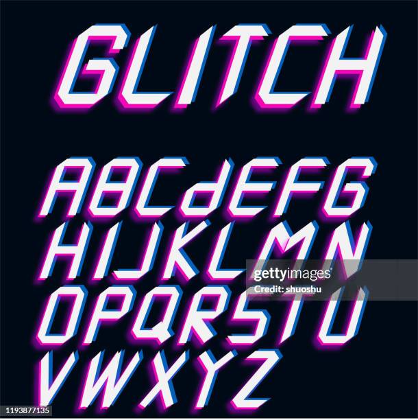 purple blue glitch style letter collection - alphabet neon stock illustrations