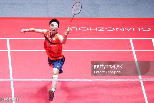Kento Momota of Japan in action during the Men's singles semi final match against Wang Tzu Wei of Chinese Taipei on day 4 of the HSBC BWF World Tour...