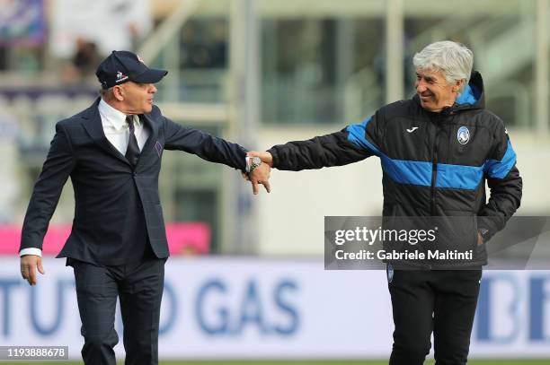 Giuseppe Iachini manager of AFC Fiorentina and Gianpiero Gasperini manager of Atalanta BC hold their hands at Stadio Artemio Franchi on January 15,...