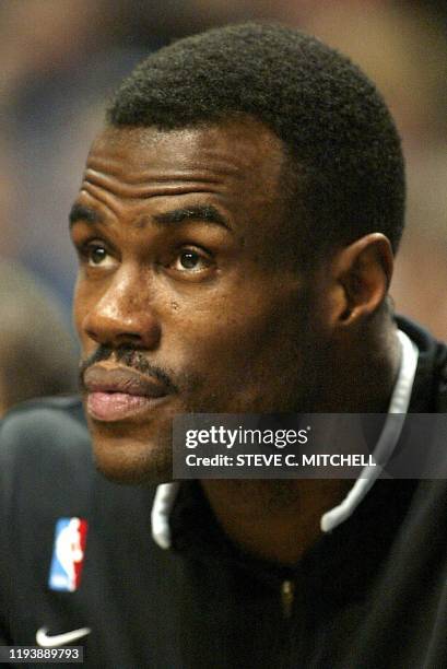 San Antonio Spurs' David Robinson listens prior to his introduction in the Spurs' NBA game against the Indiana Pacers 29 January 2003 at Conseco...