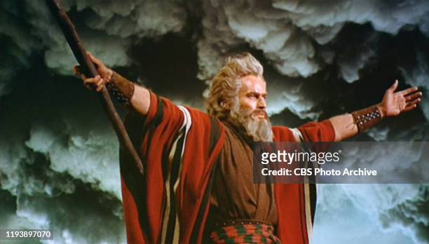 The epic movie "The Ten Commandments", directed by Cecil B. DeMille. Seen here, Charlton Heston as Moses at the parting of the Red Sea. Initial...