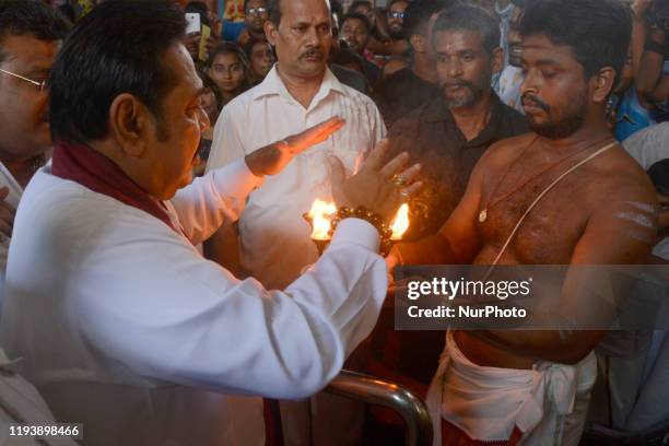 Sri Lankan Prime Minister Mahinda Rajapaksha offer prayers at Sri VengateshwaraVishnu Temple in Colombo, Sri Lanka on Januar 15, 2020. Hindu...