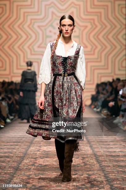 Model walks the runway at the Lena Hoschek show during Berlin Fashion Week Autumn/Winter 2020 at Kraftwerk Mitte in Berlin, Germany on on January 15,...