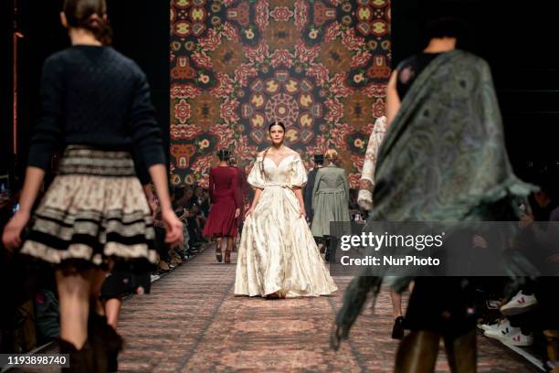 Models walk the runway at the Lena Hoschek show during Berlin Fashion Week Autumn/Winter 2020 at Kraftwerk Mitte in Berlin, Germany on on January 15,...