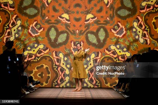 Fashion Designer Lena Hoschek acknowledges the applause of the guests at the end of her show during Berlin Fashion Week Autumn/Winter 2020 at...