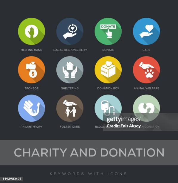 illustrazioni stock, clip art, cartoni animati e icone di tendenza di set di icone di design piatto di beneficenza e donazione - sponsor