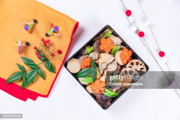 chikuzenni, japanese nimono cuisine, braised chicken and vegetables, traditional new year's food - chikuzenni stock pictures, royalty-free photos & images