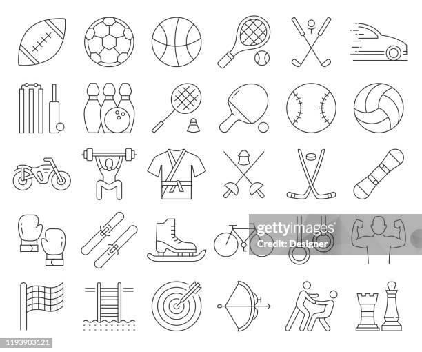 simple set of sports elements related vector line icons. outline symbol collection. editable stroke - cricket stock illustrations