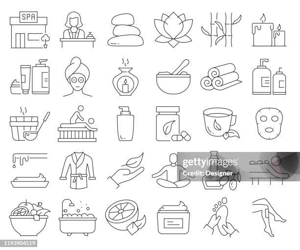 ilustrações, clipart, desenhos animados e ícones de conjunto simples de ícones da linha de vetor relacionados com elementos spa. coleção de símbolos de esboço. acidente vascular cerebral editável - alternative therapy