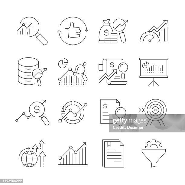 ilustraciones, imágenes clip art, dibujos animados e iconos de stock de conjunto simple de iconos de línea vectorial relacionados con la investigación y el análisis. colección de símbolos de esquema. trazo editable - actuación