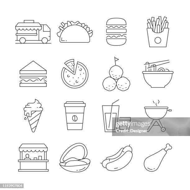 stockillustraties, clipart, cartoons en iconen met eenvoudige set van street food gerelateerde vector lijn iconen. overzichts symbool verzameling. bewerkbare lijn - spies