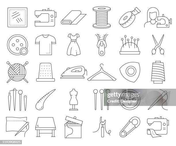 simple set of sewing related vector line icons. outline symbol collection. editable stroke - sewing icons stock illustrations