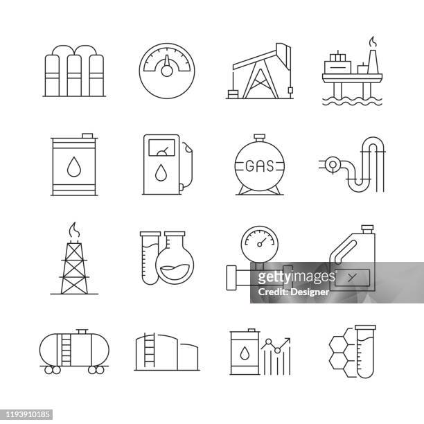 ilustraciones, imágenes clip art, dibujos animados e iconos de stock de conjunto simple de iconos de línea vectorial relacionados con la industria petrolera. colección de símbolos de esquema. trazo editable - oil and gas rig