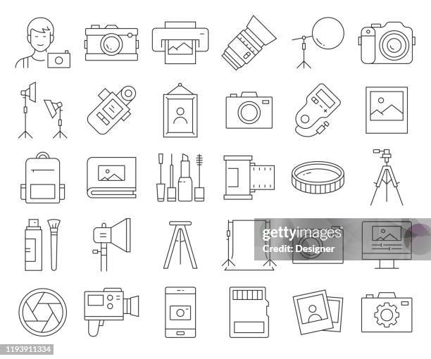 illustrations, cliparts, dessins animés et icônes de simple ensemble de photographie s'est lié à des icônes de ligne vectorielle. collection de symboles de contour. accident vasculaire cérébral modifiable - portrait image