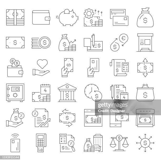 simple set of money related vector line icons. outline symbol collection. editable stroke - safety deposit box stock illustrations