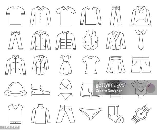 ilustraciones, imágenes clip art, dibujos animados e iconos de stock de conjunto simple de iconos de línea vectorial relacionados con la ropa. colección de símbolos de esquema. trazo editable - soutien