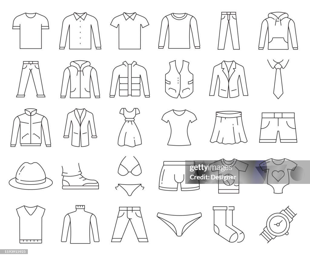 Simple ensemble de vêtements liés Vector Line Icônes. Collection de symboles de contour. Accident vasculaire cérébral modifiable