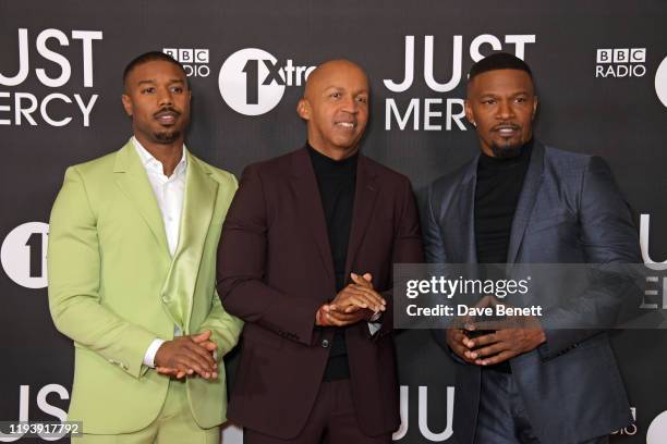 Michael B. Jordan, Bryan Stevenson and Jamie Foxx attend the UK special screening of "Just Mercy" at the Vue West End on January 15, 2020 in London,...