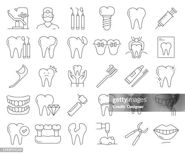 bildbanksillustrationer, clip art samt tecknat material och ikoner med enkel uppsättning av dental relaterade vektor linje ikoner. samling med dispositionssymboler. redigerbar stroke - toothpaste