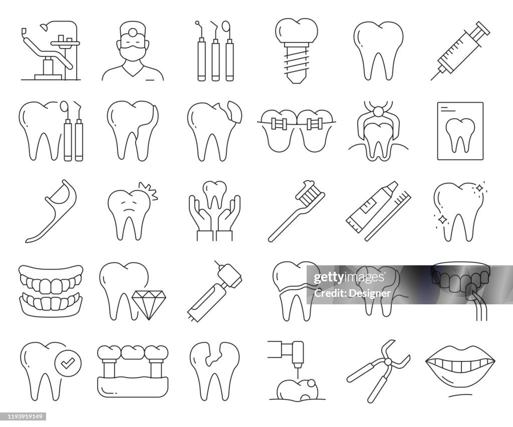 Simple Set of Dental Related Vector Line Icons. Outline Symbol Collection. Editable Stroke