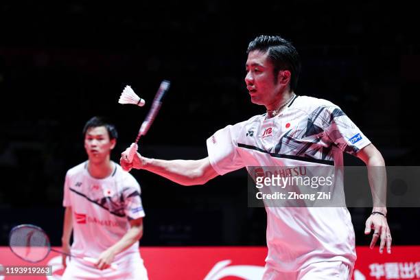 Hiroyuki Endo and Yuta Watanabe of Japan in action during the men's doubles semi final match against Marcus Fernaldi Gideon and Kevin Sanjaya...