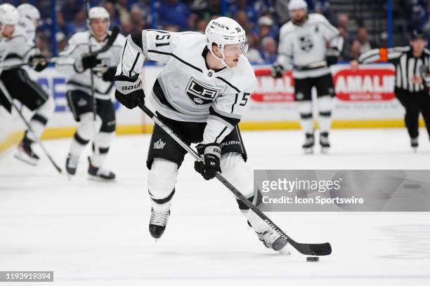 Los Angeles Kings left wing Austin Wagner skates with the puck during the NHL game between the Los Angeles Kings and Tampa Bay Lightning on January...