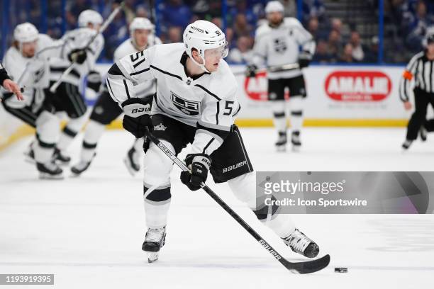 Los Angeles Kings left wing Austin Wagner skates with the puck during the NHL game between the Los Angeles Kings and Tampa Bay Lightning on January...