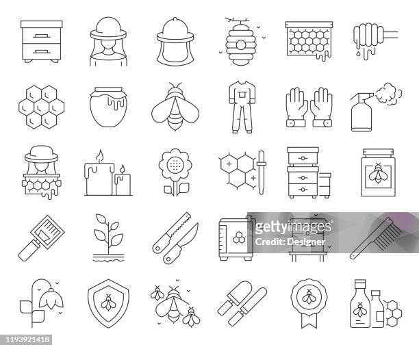 ilustrações de stock, clip art, desenhos animados e ícones de simple set of apiary related vector line icons. outline symbol collection. editable stroke - polinização