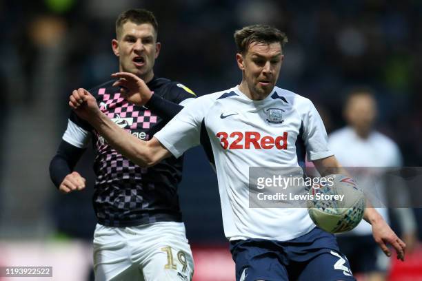 Paul Huntington of Preston North End looks to control the ball during the Sky Bet Championship match between Preston North End and Luton Town at...