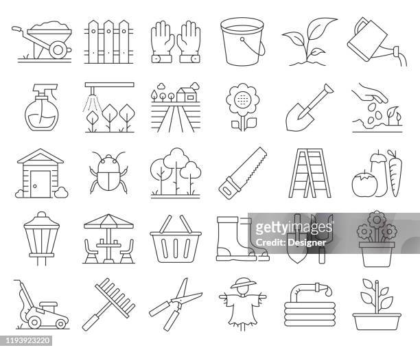 ilustrações de stock, clip art, desenhos animados e ícones de simple set of gardening related vector line icons. outline symbol collection. editable stroke - horta