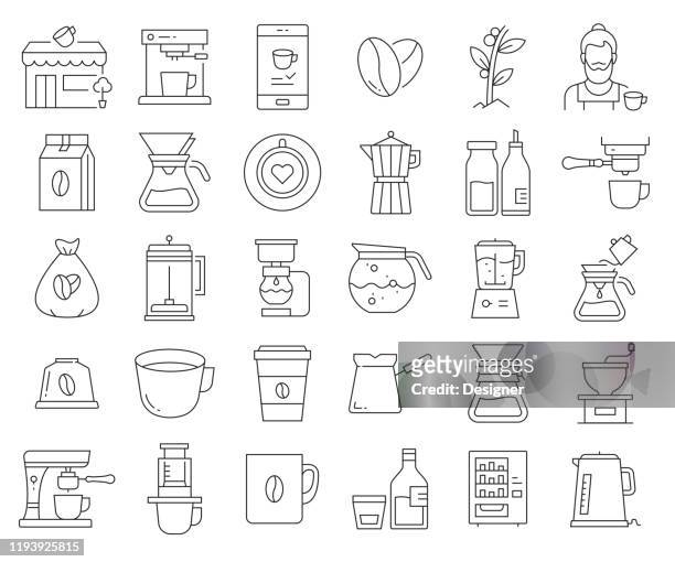 ilustraciones, imágenes clip art, dibujos animados e iconos de stock de conjunto simple de iconos de línea vectorial relacionados con el café. colección de símbolos de esquema. trazo editable - food state