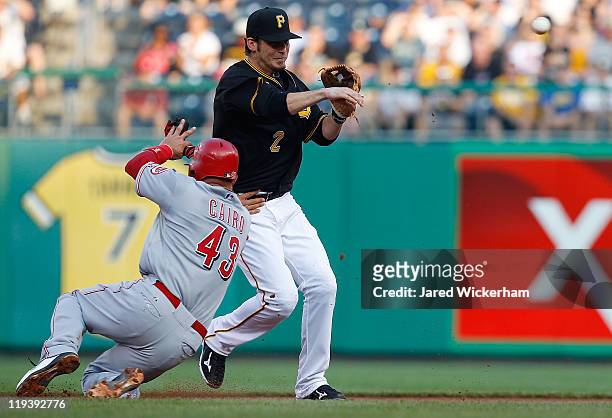 Brandon Wood of the Pittsburgh Pirates attempts to turn the double play over Miguel Cairo of the Cincinnati Reds during the game on July 19, 2011 at...