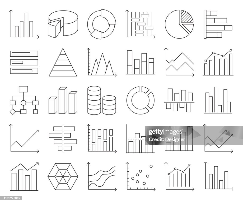 Einfache Reihe von Graphen und Diagramme verwandte VektorLinie Icons. Gliederungssymbolsammlung. Bearbeitbarer Strich