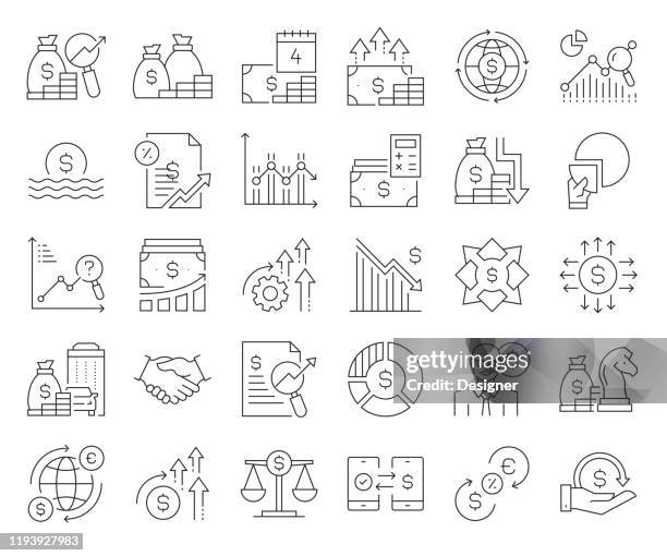 bildbanksillustrationer, clip art samt tecknat material och ikoner med enkel uppsättning av ekonomi och finans relaterade vektor linje ikoner. samling med dispositionssymboler. redigerbar stroke - växelkurs