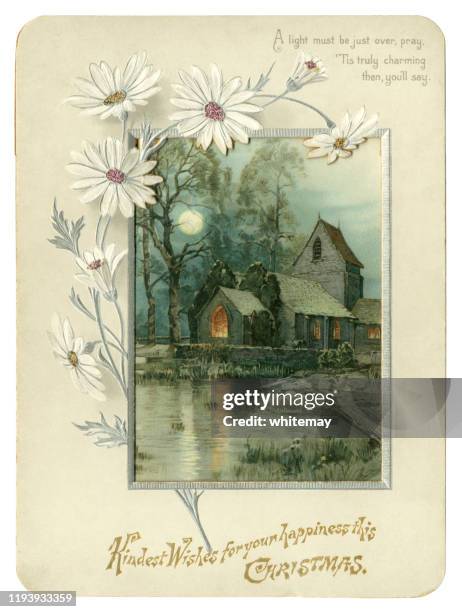 victorian christmas card with a church and a daisy border, 1891 - 1891 stock illustrations