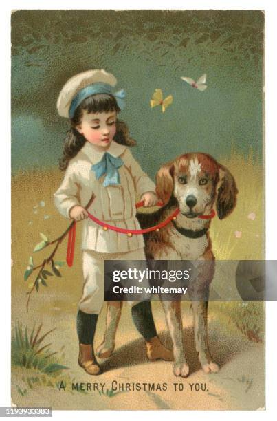 victorian christmas card with a boy and his dog from 1882 - 1882 stock illustrations